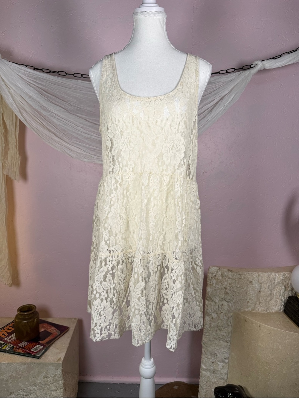 American Eagle Cream Lace Babydoll Dress Large